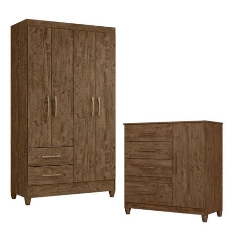 Guarda Roupa Solteiro Chile e Cômoda Vênus com Pés Castanho Wood - Moval