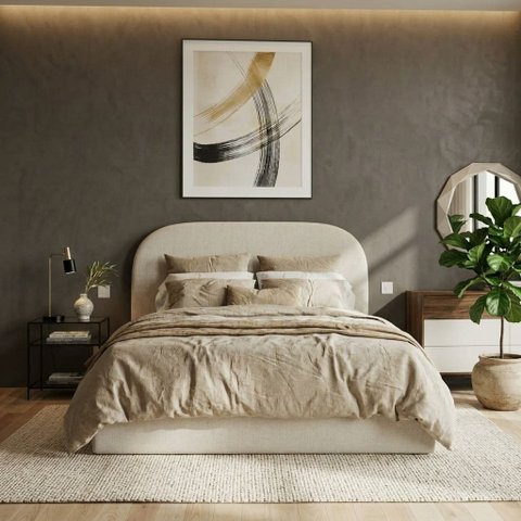 Cama Queen Design Curvas Estrutura Madeira Revestida Linho Alto Padrão Reforçada Cabeceira Estofada: