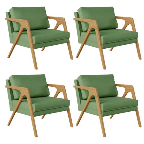 Kit 04 Poltronas Decorativa Sala Pietra Com Estrutura Madeira L02 Facto Verde Musgo - Lyam Decor