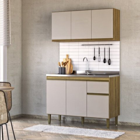 Conjunto de Cozinha Modulada 2 Peças 1 Aéreo e 1 Balcão Margarida Yescasa Marrom/Mel/Arenas