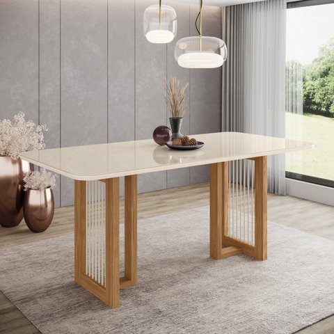 Mesa de Jantar com Tampo MDF e Vidro com Canto Arredondado 180 cm Yara Branco/Nature/Off White