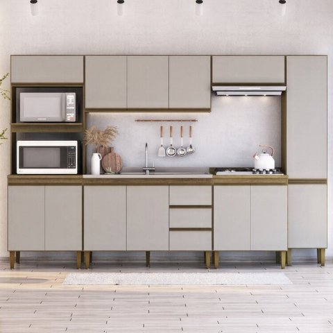 Cozinha Modulada 6 Peças 2 Aéreos 2 Balcões 1 Torre Quente 1 Paneleiro Margarida Yescasa Marrom/Mel/Arenas