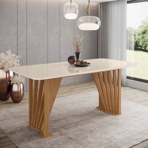 Mesa de Jantar com Tampo MDF e Vidro com Canto Arredondado 180 cm Adriana Bege/Off White/Nature
