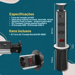 Torre Multiplug Retrátil 3 Tomadas e Usb - 4