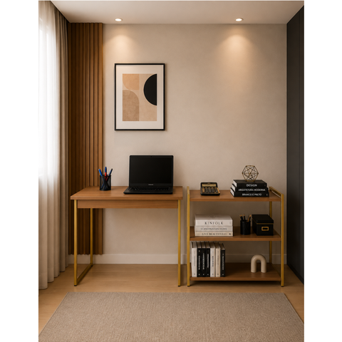 Kit Mesa Home Office 90 cm com Aparador 3 Prateleiras Júlia - Freijó Dourado