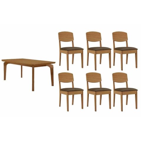 Conjunto: Mesa Sala Jantar Londrina C/ Tampo Madeirado Canto Curvo 180x90cm e 6 Cadeiras Havana