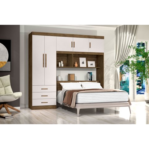 Guarda Roupa de Casal Marrom Off White Com Cabeceira Baú Interno + Base Cama Box de