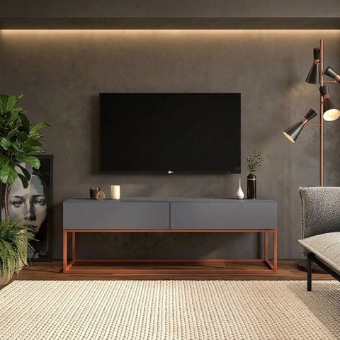 Rack para Sala Estilo Indutrial com 2 Gavetas Cinza/Cobre