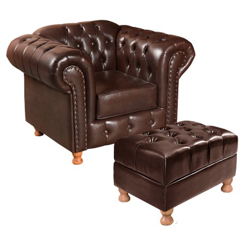 Poltrona Chesterfield com Puff Capitonê Luís Xv Marrom Café