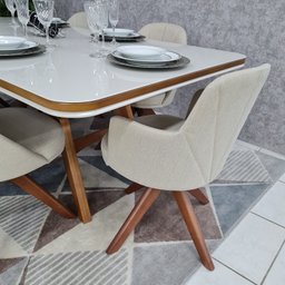 Sala de Jantar Mesa Guiné com 6 Cadeiras Turim Giratórias D'confort Design Linho Mesclado Bege Claro - 6