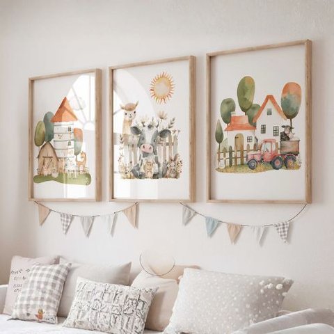 Kit 3 Quadros Decorativos Infantil - Fazenda Day NO2 - 30x40 - Moldura Madeira