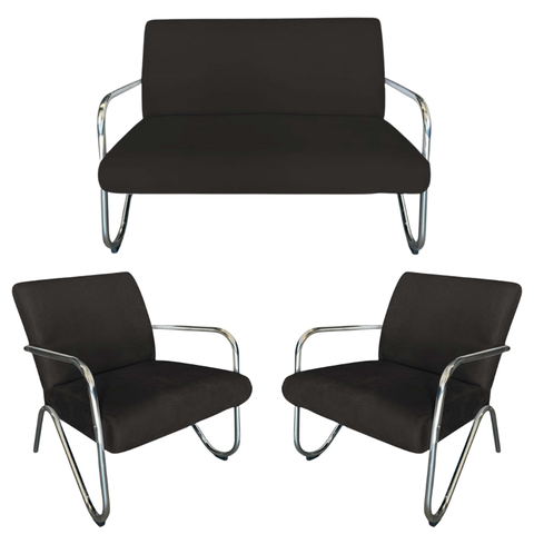 Kit Namoradeira + 2 Poltronas Decorativa Bela Couro Preto Braço Cromado