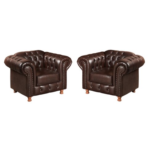 Conjunto 2 Poltronas Luis Xv Chesterfield Vintage Molas Ensacadas Marrom Café