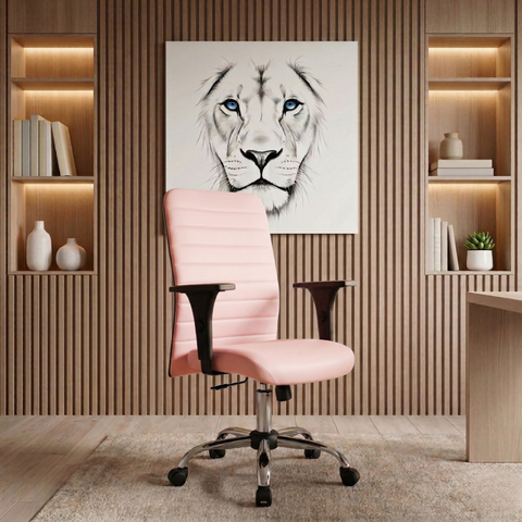 Cadeira Escritório Ergonômica Rosa Cromada Nr17 Apoio Lombar Giratória Couro Sintético