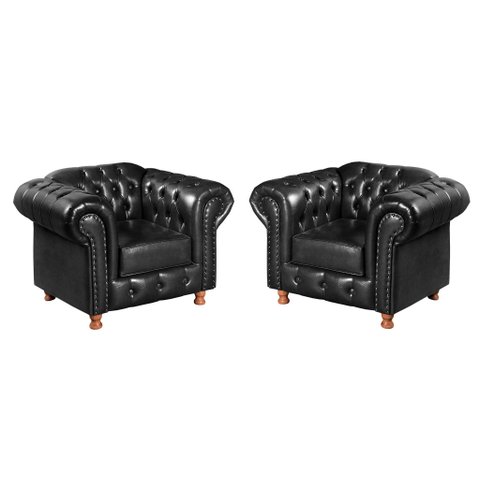 Conjunto 2 Poltronas Luis Xv Chesterfield Vintage Molas Ensacadas Preto