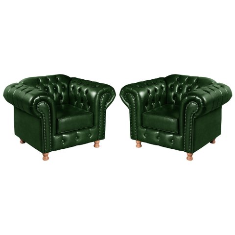 Conjunto 2 Poltronas Luis Xv Chesterfield Vintage Molas Ensacadas Verde