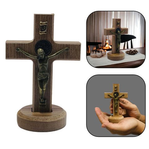 Crucifixo Cruz de Mesa e Parede Medalha de São Bento Madeira 12 Cm