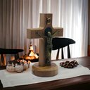 Ver imagem 4 de Crucifixo Cruz de Mesa e Parede Medalha de São Bento Madeira 12 Cm