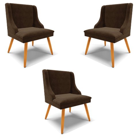 Kit 3 Cadeiras Decorativas Sala de Jantar Pés Palito de Madeira Firenze Suede Marrom/Natural G19 - G