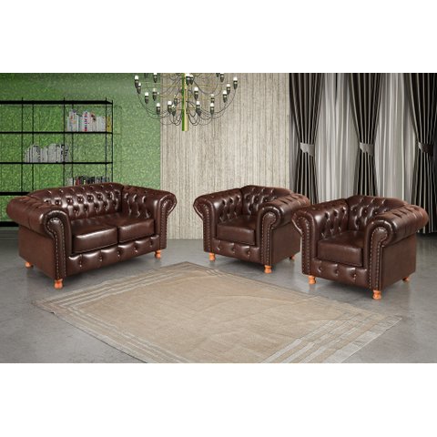 Conjunto de Sofá 2 Lugares e 2 Poltronas Retrô Couro Sintético Café Luis Xv Chesterfield 170cm