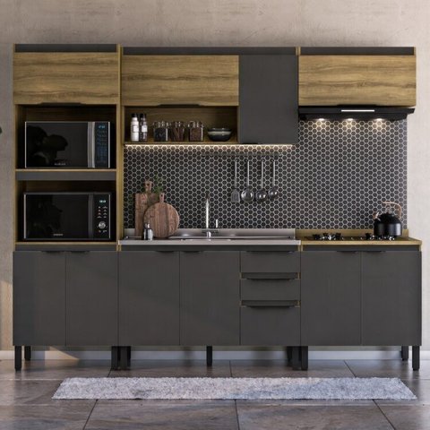 Cozinha Modulada 5 Peças 2 Aéreos 2 Balcões 1 Torre Quente Magnólia Yescasa Marrom/Mel/Grafite