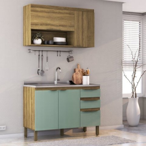 Conjunto de Cozinha Modulada 2 Peças 1 Aéreo e 1 Balcão Magnólia Yescasa Marrom/Mel/Verde