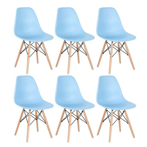 Kit - 6 X Cadeiras Charles Eames Eiffel Dsw - Base de Madeira Clara - Azul Claro Multicolorido