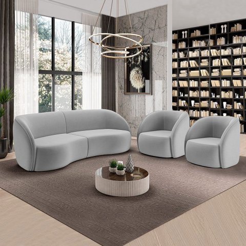 Conjunto Sofá Sala de Estar Bipartido 318cm e 2 Poltronas Clarke Veludo Cinza G45 - Gran Belo