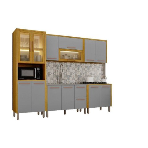 Cozinha Completa 5 Peças Donna 273 cm Vidro Reflecta e LED Aéreo 2 Pts Cinamomo/Cinza