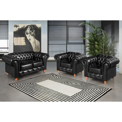 Conjunto de Sofá Luís Xv Lugares + 2 Poltronas Chesterfield Capitonê Preto