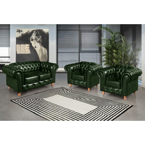 Conjunto de Sofá Luís Xv Lugares + 2 Poltronas Chesterfield Capitonê Verde