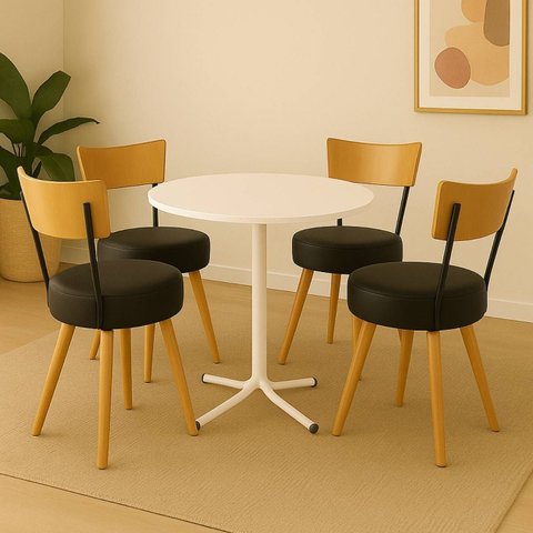 Conjunto Mesa de Jantar Redonda Branca com 4 Cadeiras Estofada Preta Encosto Madeira Urban