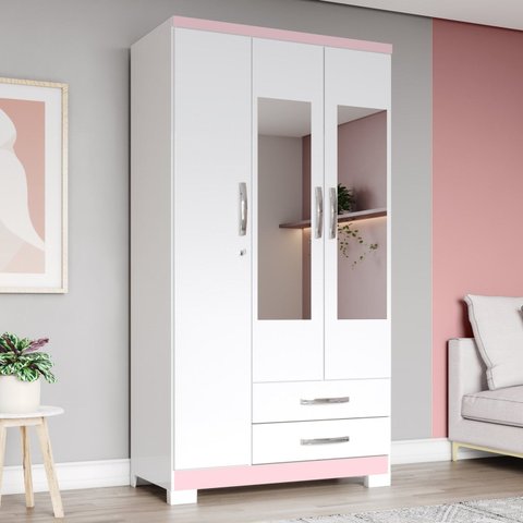 Guarda-Roupa 3 Portas 2 Gavetas com Espelho Açaí Branco/Rosa Chá