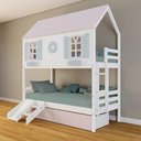 Ver imagem 1 de Beliche Casinha Bela com Coração 2 Gavetas Rosa Kit Escada/escorregador - Madeira Maciça Branco/