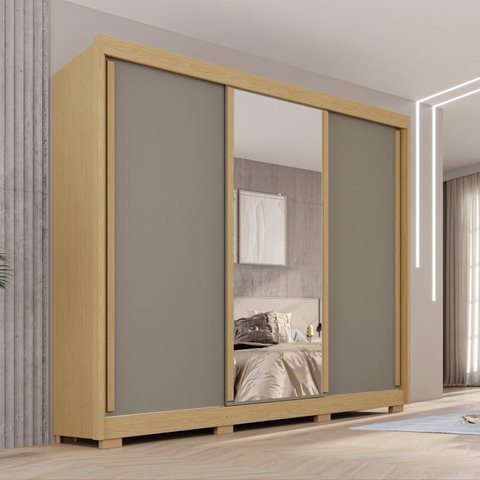 Guarda-Roupa Casal com Pés e Espelho 3 Portas 4 Gavetas 100% MDF Ipanema Cinza/Jequitibá/Granizo