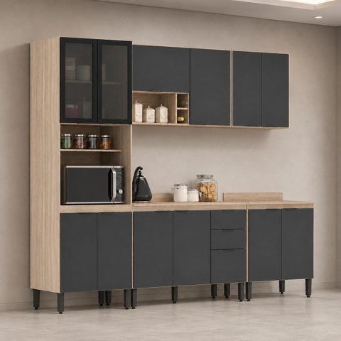 Cozinha Modulada 5 Peças 13 Portas 2 Gavetas Firenze Avena / Grafito Demóbile