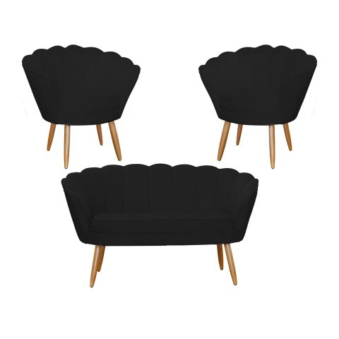 Kit Namoradeira + 2 Poltronas Decorativa Pétala Suede Preto Pés Madeira Ms Decor