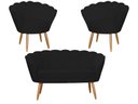 Ver imagem 1 de Kit Namoradeira + 2 Poltronas Decorativa Pétala Suede Preto Pés Madeira Ms Decor