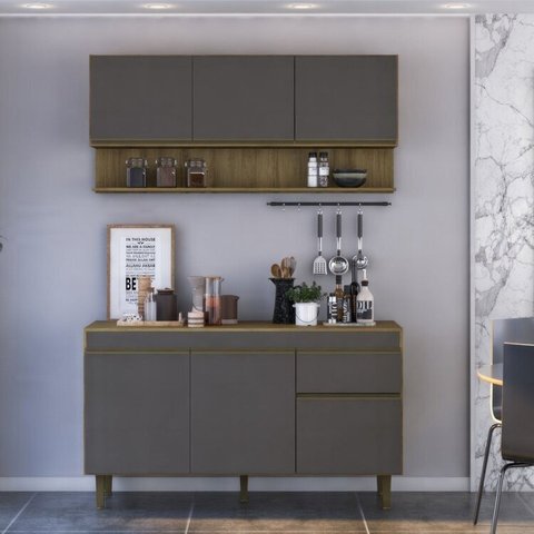 Cozinha Compacta Modulada com Tampo 2 Peças 1 Aéreo 1 Balcão New York Yescasa Marrom/Mel/Grafite