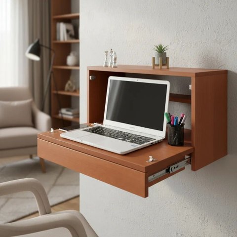 Escrivaninha Suspensa Bancada Compacta com Gaveta Mesa para Notebook Madeira Natural Curupixa