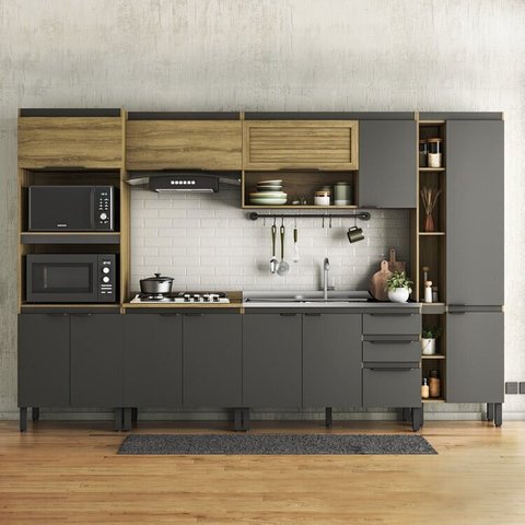 Cozinha Modulada 6 Peças com Paneleiro e Torre Quente Magnólia Yescasa Marrom/Mel/Grafite