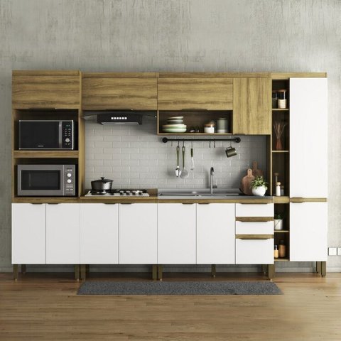 Cozinha Modulada 6 Peças 2 Aéreos 2 Balcões 1 Paneleiro e 1 Torre Quente Magnólia Yescasa Marrom/Mel