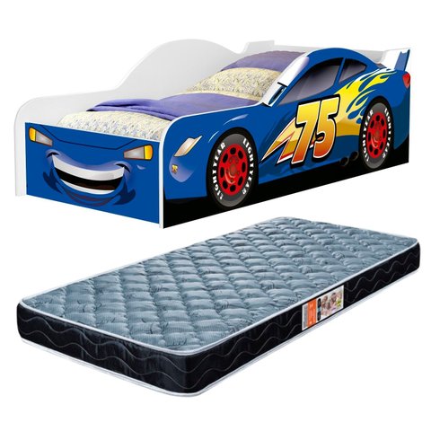 Cama Para Quarto De Solteiro Com Proteção Lateral MDF Adesivada Carro Com Colchão Solteiro 188x88cm 