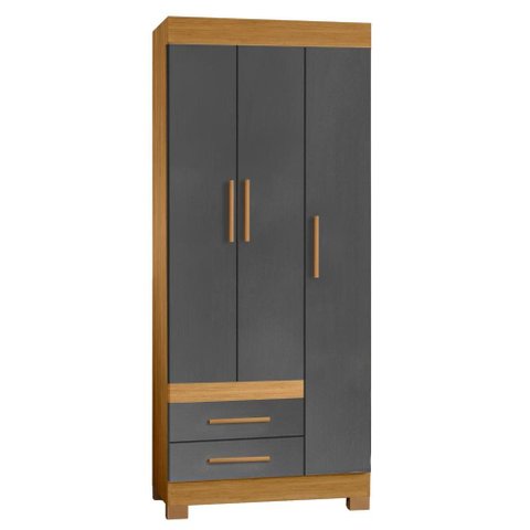 Guarda Roupa Solteiro 3 Portas 2 Gavetas 80 cm New Recife Freijo Grafite Acetinado Poliman