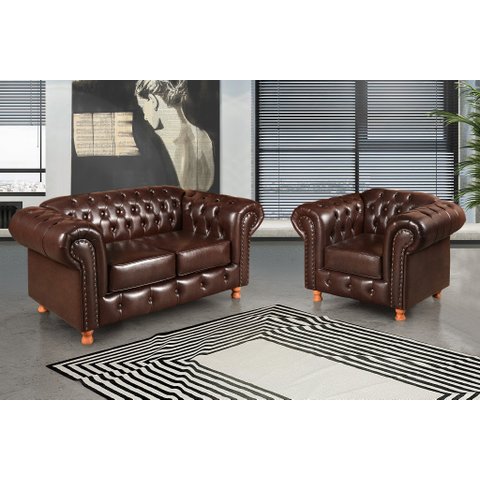 Conjunto Sofá 2 Lugares e Poltrona Luis Xv Chesterfield Vintage Marrom Café