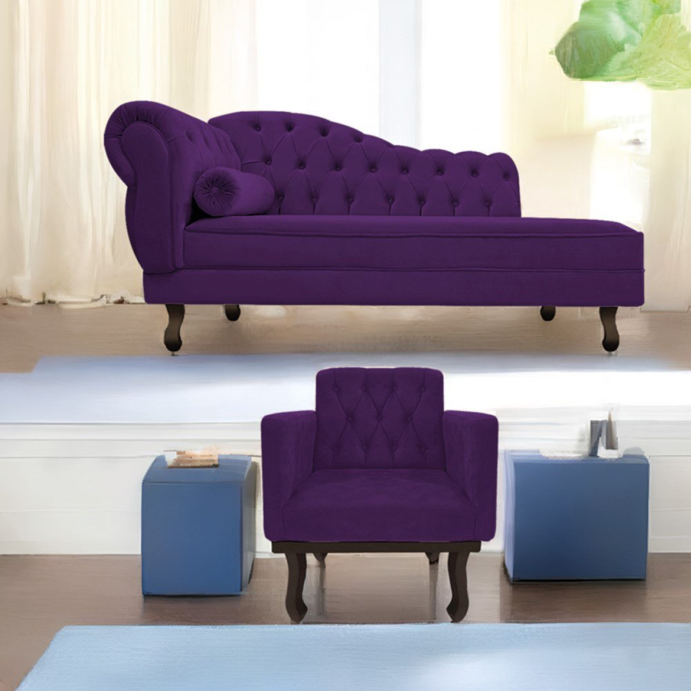 Kit Diva Recamier Juliana 130cm Lado Direito e 01 Poltrona Classic Suede Roxo - Amarena Móveis