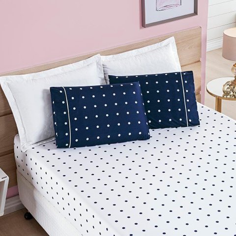 Jogo de Cama Lençol Celine Casal King 03 Peças Micropercal 200 Fios Bolinhas - Azul Marinho