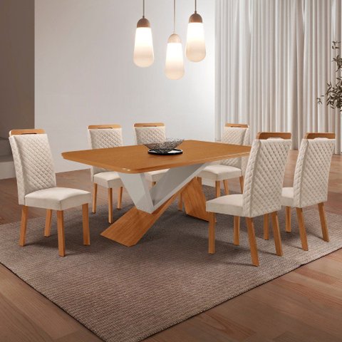 Mesa de Jantar Yasmin 180cm Tampo MDF Canto Copo Laminado e 6 Cadeiras Lorena