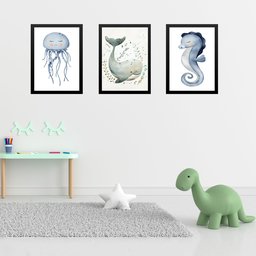 Kit 3 Quadros Quarto Infantil Tema Fundo do Mar 33x24cm - com Vidro:moldura Preta - 2