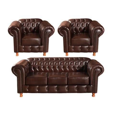 Conjunto de Sofá 3 Lugares e 2 Poltronas Chesterfield Luís Xv Marrom Café